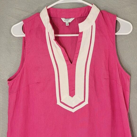 Crown and Ivy Kurta 100% Linen Pink Midi Dress Womens 4 Sleeveless Barbie - Picture 3 of 7